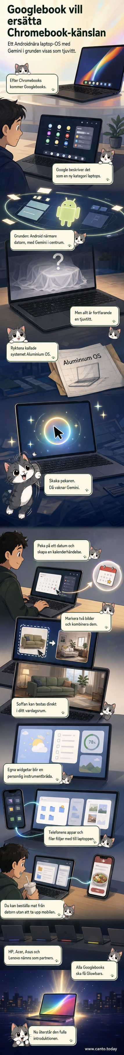 En stylad bärbar dator med glödande Google-färgade lampor och en muspekare som aktiverar en AI-assistent på skärmen.