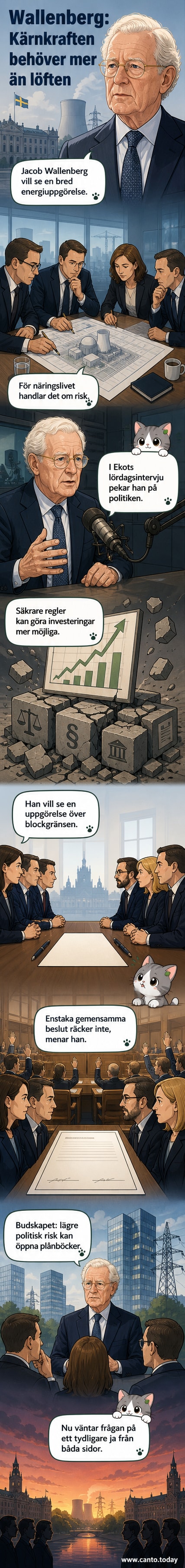 Porträtt av Jacob Wallenberg med blick mot kamera, bakgrund med energisymboler och kärnkraftsreaktor.