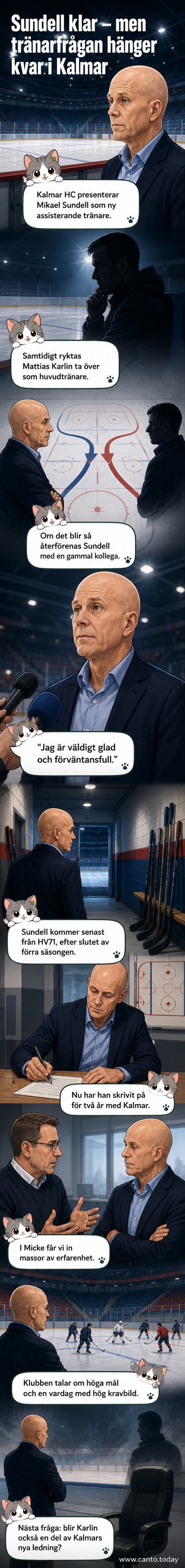 Ishockeyaren Mikael Sundell står på isen i Kalmar HC:s tröja med klubbvapnet, en puck och en tränarbricka bredvid.