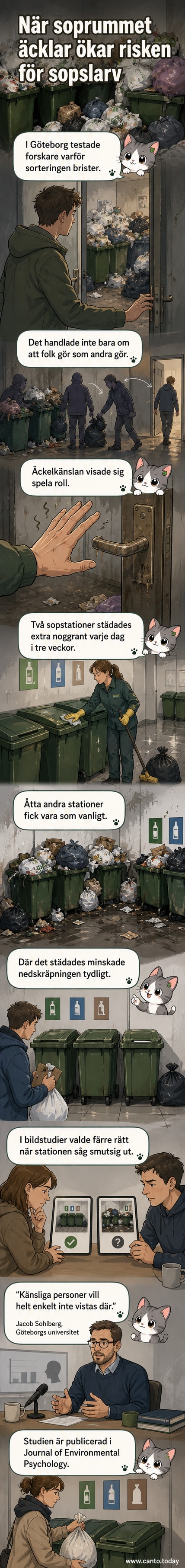 En ren och en smutsig sopstation jämsides, med trasiga flaskor och papperskäppor på golvet i den senare.
