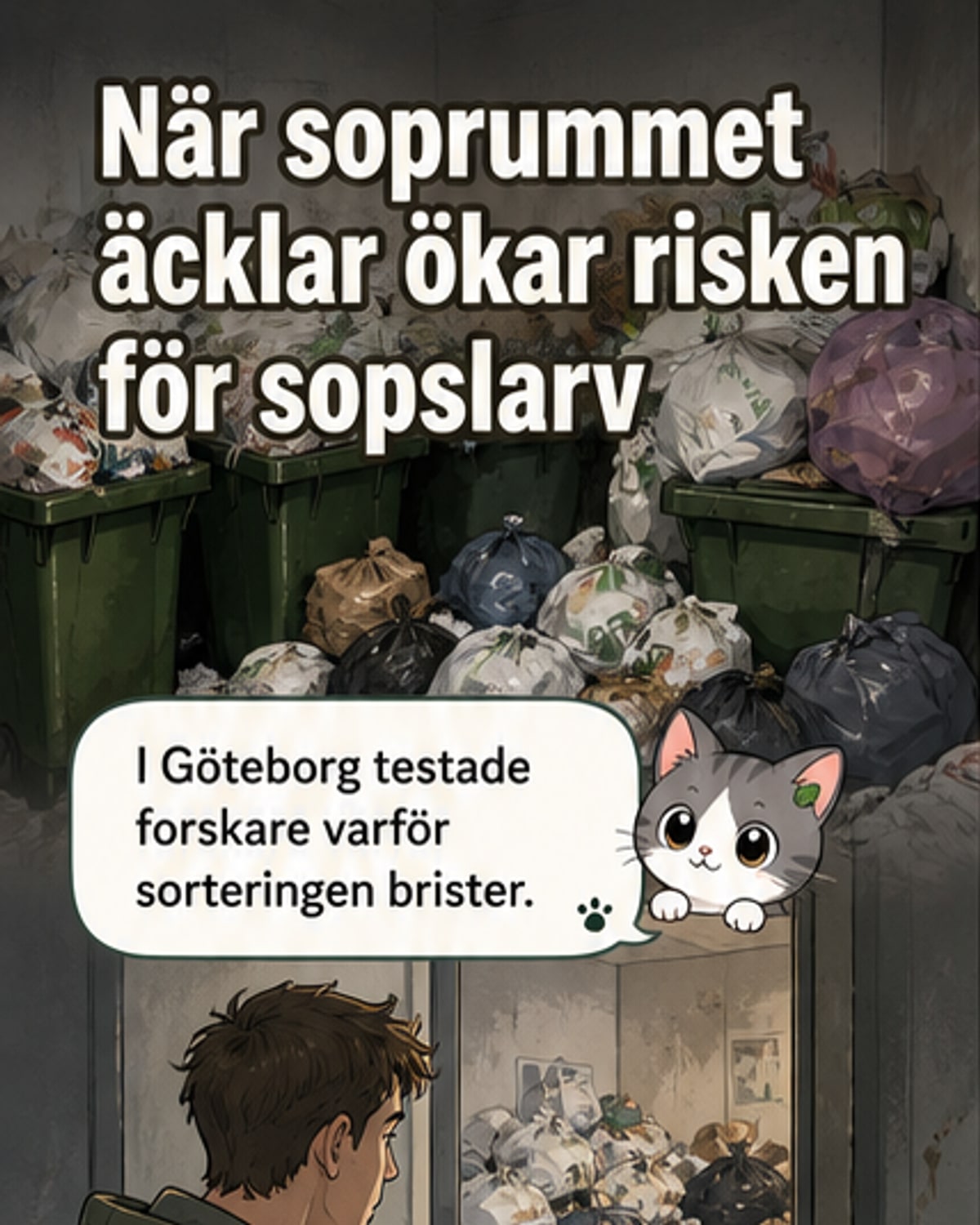 En ren och en smutsig sopstation jämsides, med trasiga flaskor och papperskäppor på golvet i den senare.