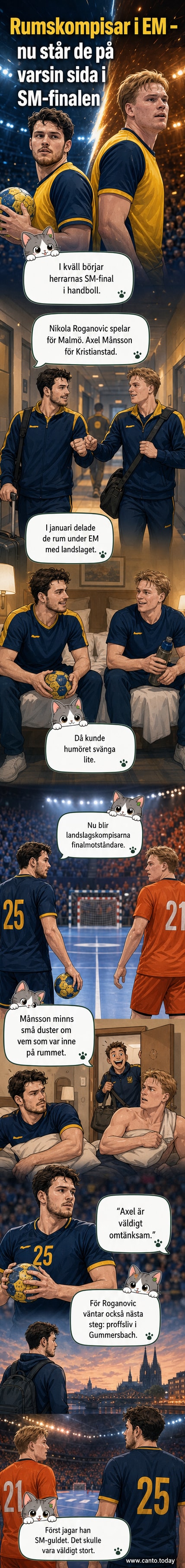 Två handbollsspelare, Nikola Roganovic och Axel Månsson, syns i landslagsdräkt under ett EM-uppehåll. Nu möts de i SM-finalen på motståndarläktaren.