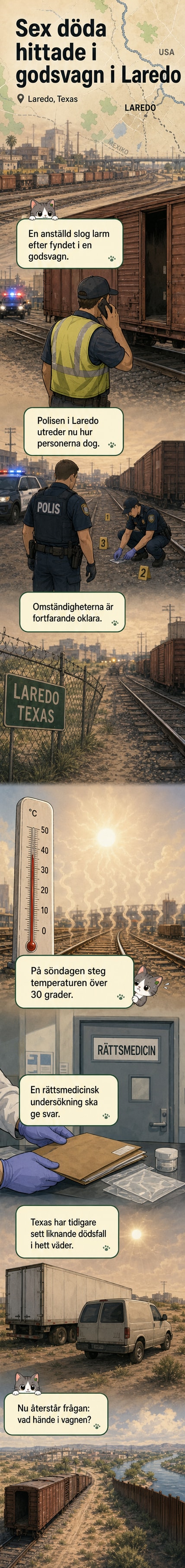 En stillastående godsvagn på en järnvägsspår i Texas under hetta, med polisbilar och tekniker i närheten.