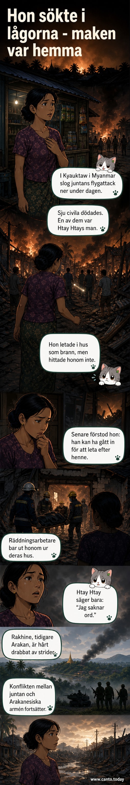 En kvinna står framför ett brinnande hus i en förstörd stadsdel, med rök och aska i luften.