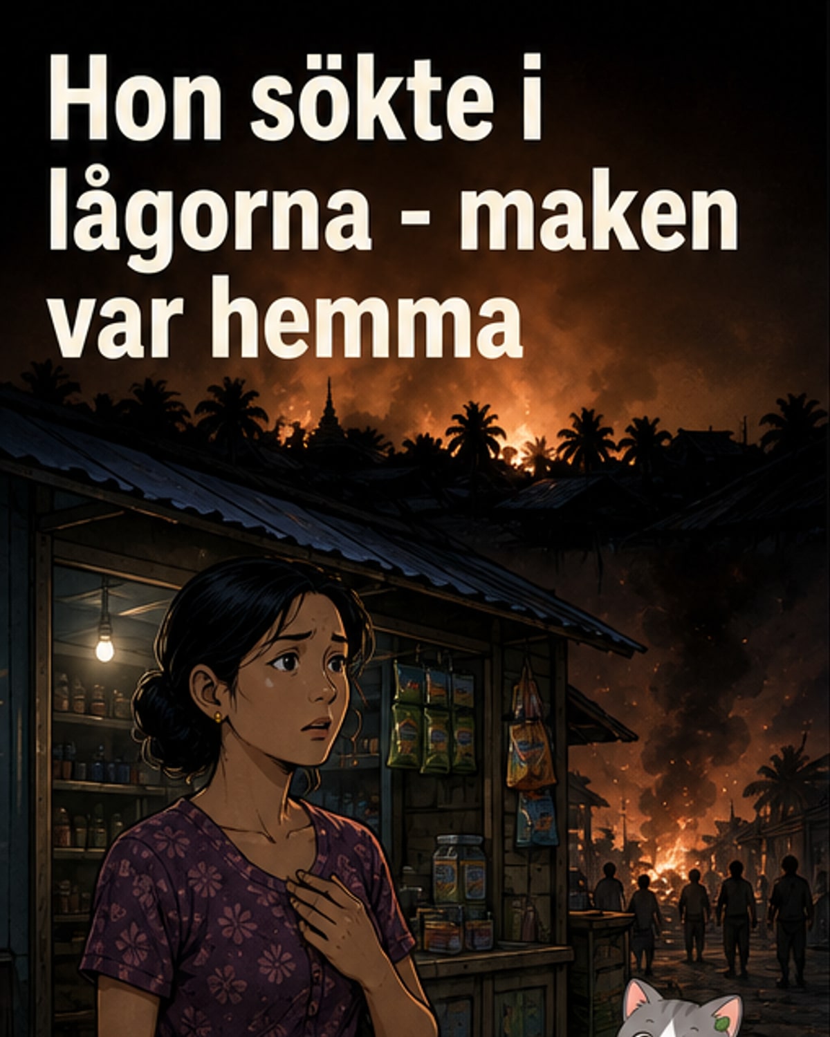En kvinna står framför ett brinnande hus i en förstörd stadsdel, med rök och aska i luften.