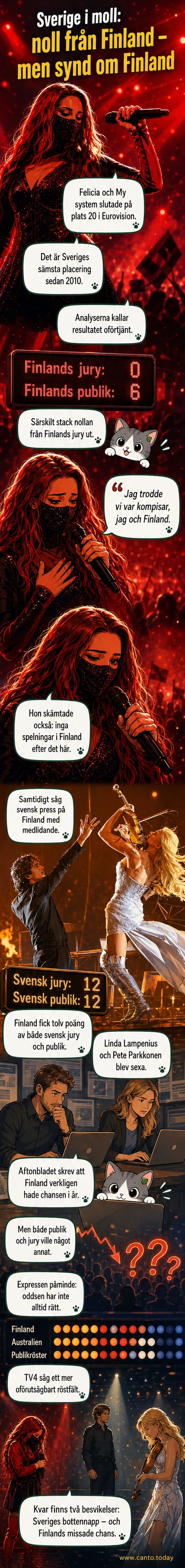 Scenen från Eurovision Song Contest 2026 med Felicia på scen, klädd i en mörk dräkt med glittrande detaljer, framför publiken.