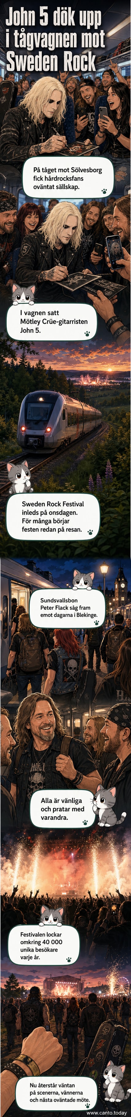 Gitarristen John 5 från Mötley Crüe poserar med fans i en tågvagn på väg till Sweden Rock Festival.