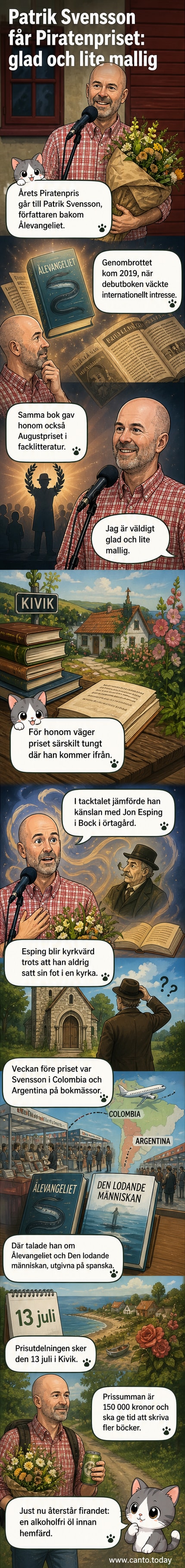 Författaren Patrik Svensson ler brett under ett prisutdelningsarrangemang, omgiven av publik och scenbelysning.
