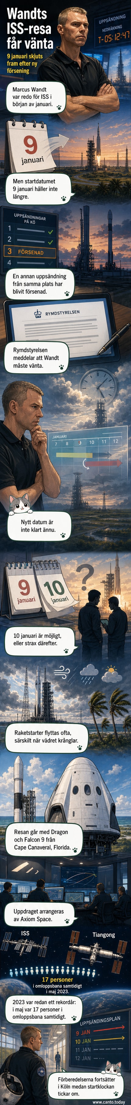 Illustration av en raket som skjuts upp från Cape Canaveral med Marcus Wandt ombord på väg till rymdstationen ISS.