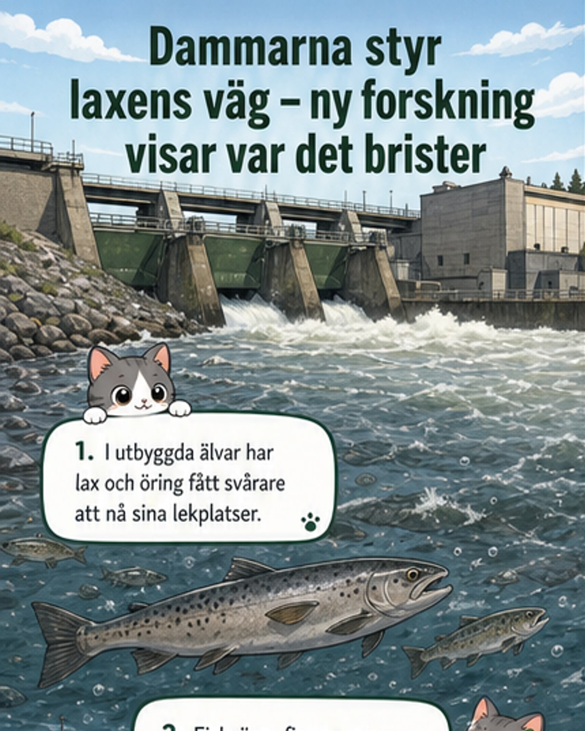 Illustration av en lax som simmar i en älv med en vattenkraftsdamm i bakgrunden, där flödet varierar mellan högt och lågt.