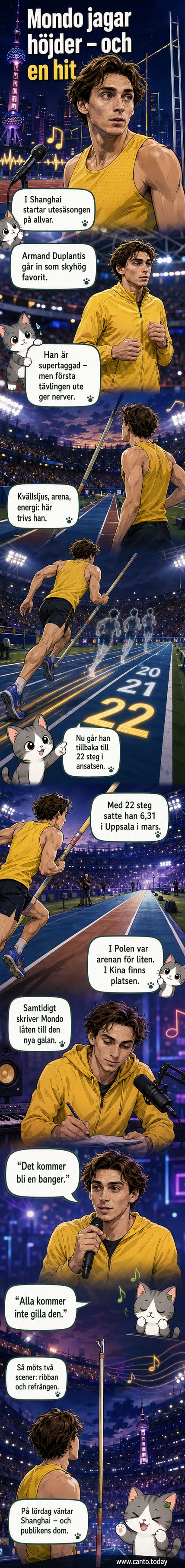 Armand Duplantis står i en friidrottsarena med stav i handen, ler mot kameran, med scenbelysning i bakgrunden.