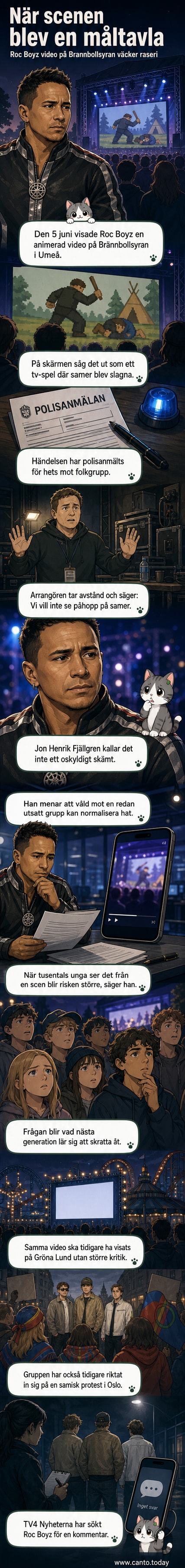 Illustration av en animerad scen där personer i samisk dräkt utsätts för våld på en scen med publiken i bakgrunden.