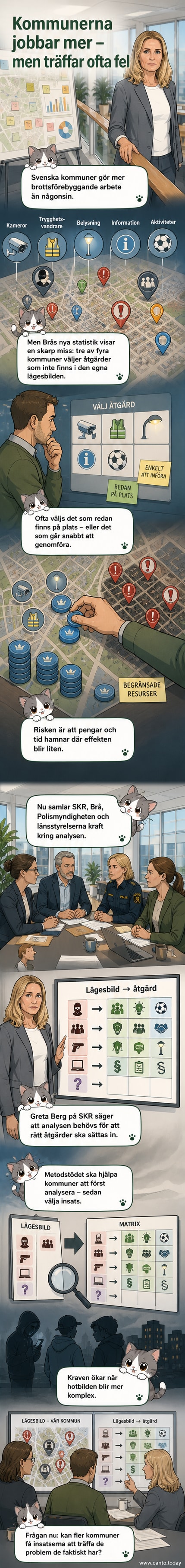 Illustration av en kommunal planerare som väljer mellan olika brottsförebyggande åtgärder, men pilar pekar felaktigt från problem till fel insatser.
