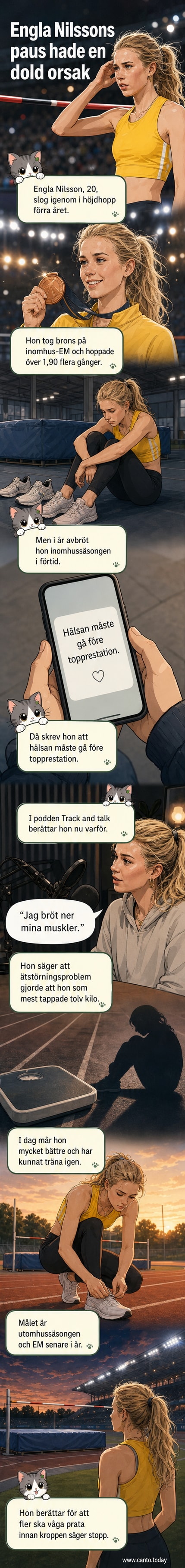 Engla Nilsson står på en friidrottsbana, ser ner i marken med en reflekterande min. I bakgrunden syns höjdhoppsanläggningen.