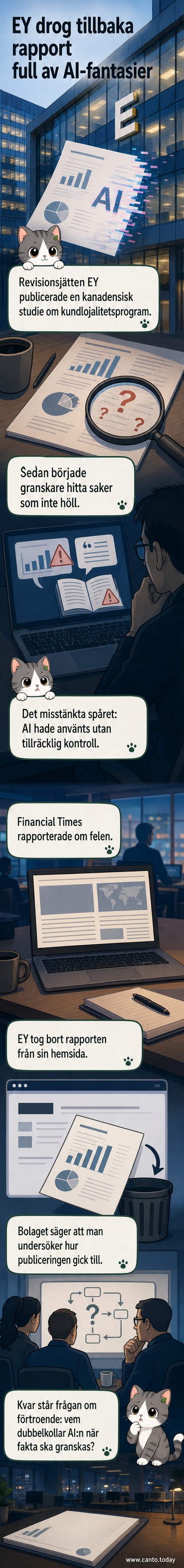 EY:s logotyp syns på en datorskärm där en rapport med AI-genererade fel markeras i rött.