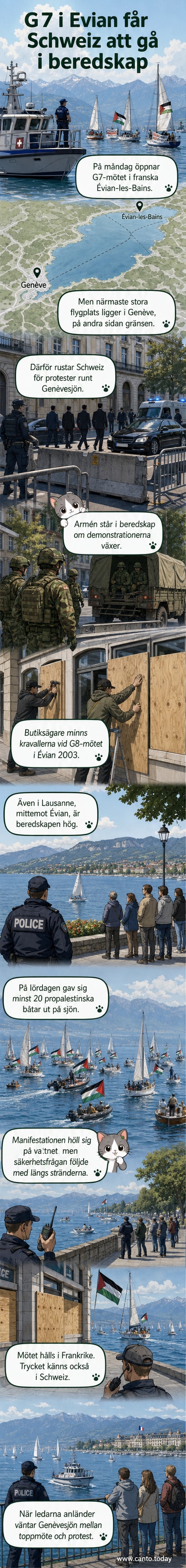 Gatan i Genève med täckta butiksfönster och polisnärvaro inför G7-mötet.