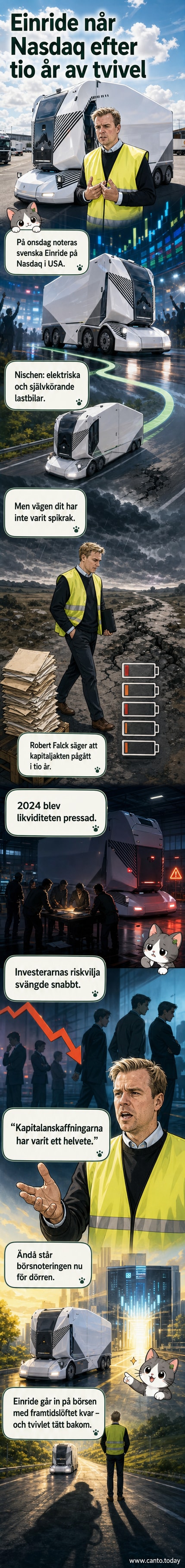 Porträtt av Robert Falck, grundare av Einride, framför en elektrisk lastbil med Nasdaq-logotyp i bakgrunden.