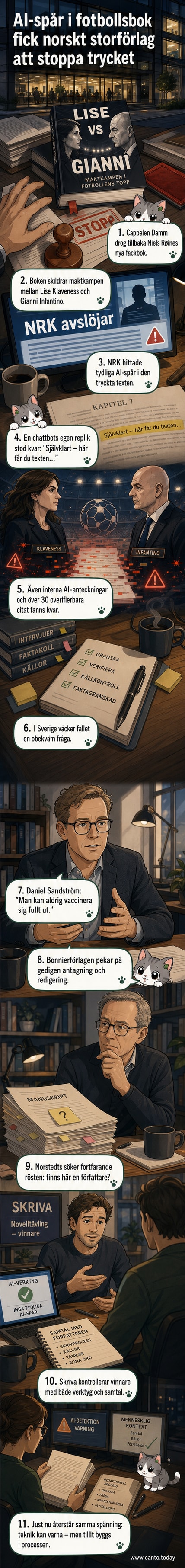En bok med titeln 'Lise vs Gianni' ligger bredvid en dator där AI-genererad text visas på skärmen, med rödmarkerade avsnitt som visar AI-spår.