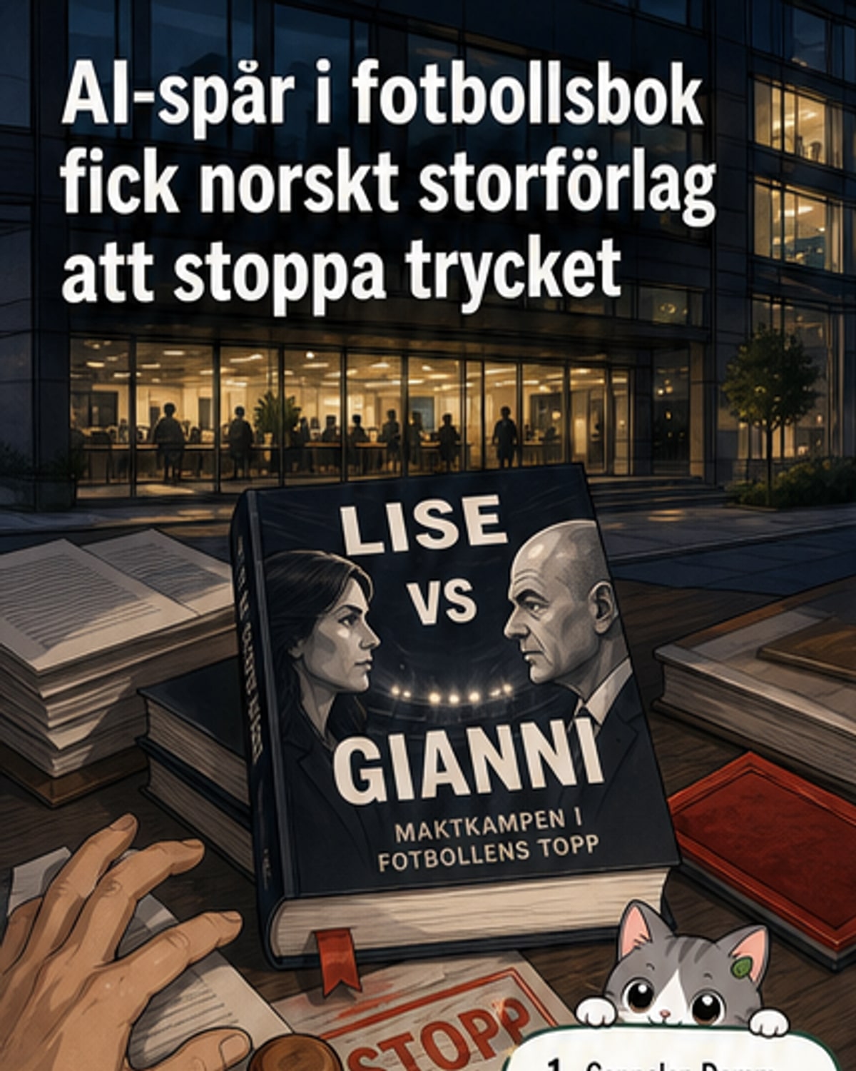 En bok med titeln 'Lise vs Gianni' ligger bredvid en dator där AI-genererad text visas på skärmen, med rödmarkerade avsnitt som visar AI-spår.