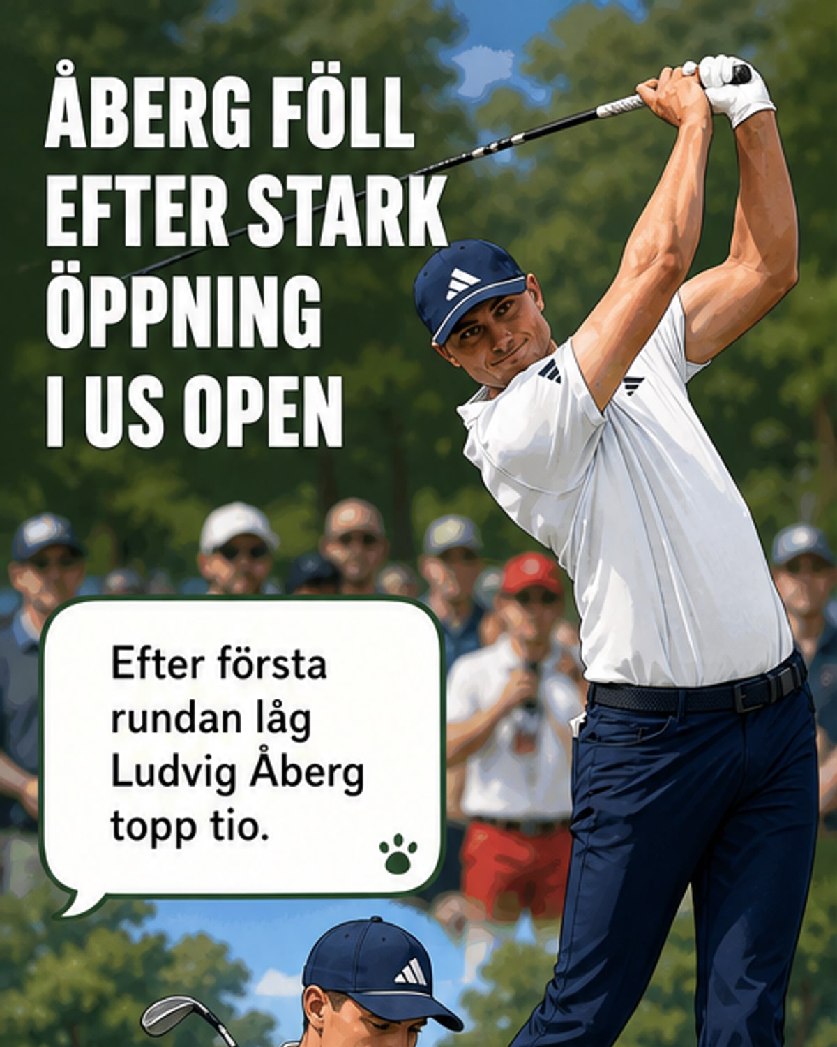 Golfspejaren Ludvig Åberg står på en grön bana med klubba i hand, bakom honom en folkmassa och tävlingsbanderoll.