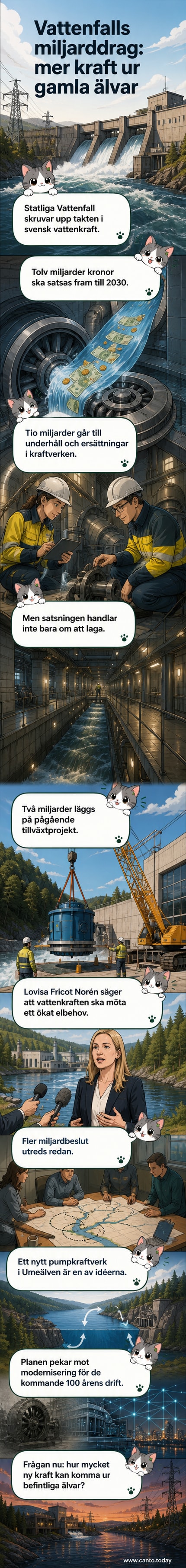 Illustration av ett vattenkraftverk med Vattenfalls logga, vatten strömmar genom turbiner med en modern energinätbakgrund.