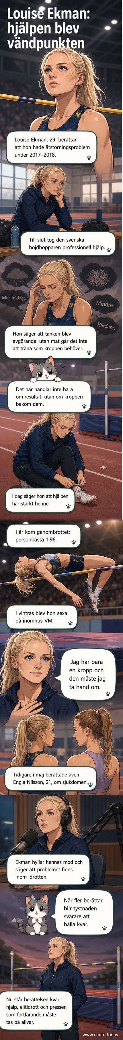 Svensk höjdhoppare Louise Ekman står på banan i tävlingskläder, med blicken riktad mot staven och hopplinjen.