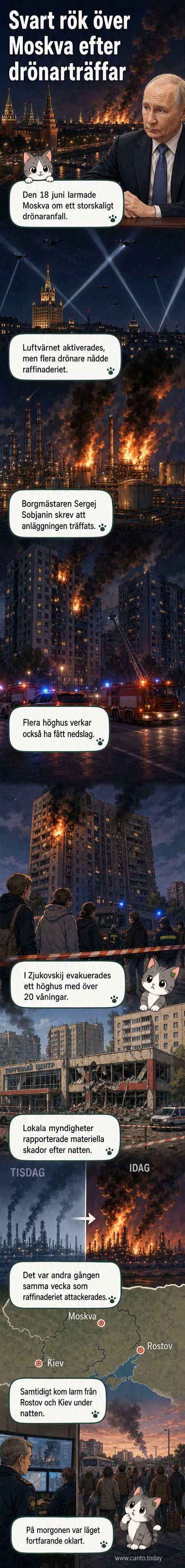 Svarta rökmoln stiger från ett brinnande oljeraffinaderi utanför Moskva efter ett drönaranfall, med flera drabbade byggnader i bakgrunden.