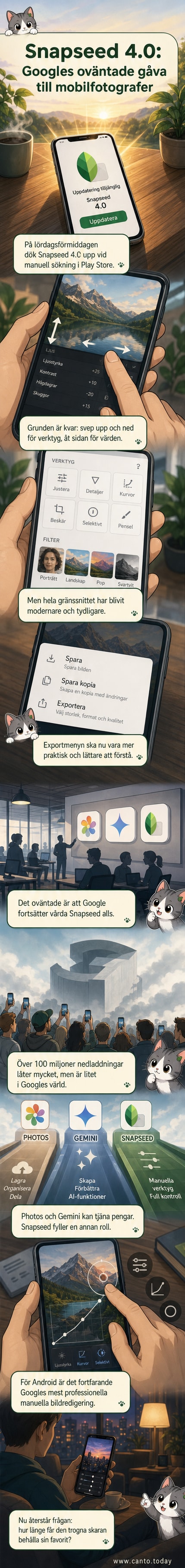 En mobilskärm visar Snapseed-appens nya gränssnitt i version 4.0 med modern design och tydligare redigeringsverktyg.