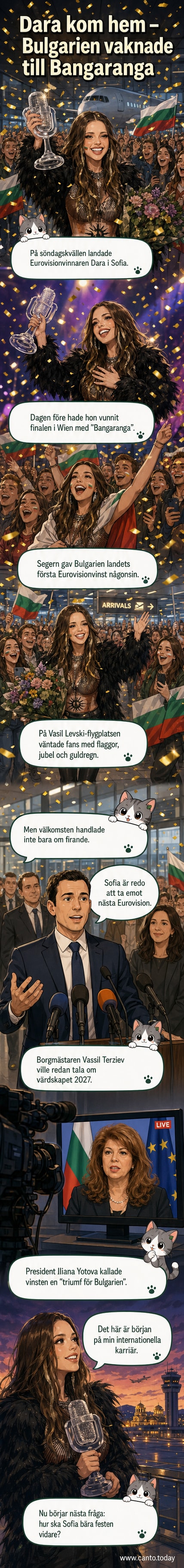 Sångerskan Dara vinkar glatt från en scen med publiken som jublar, omgiven av bulgariska flaggor efter sin Eurovision-seger.