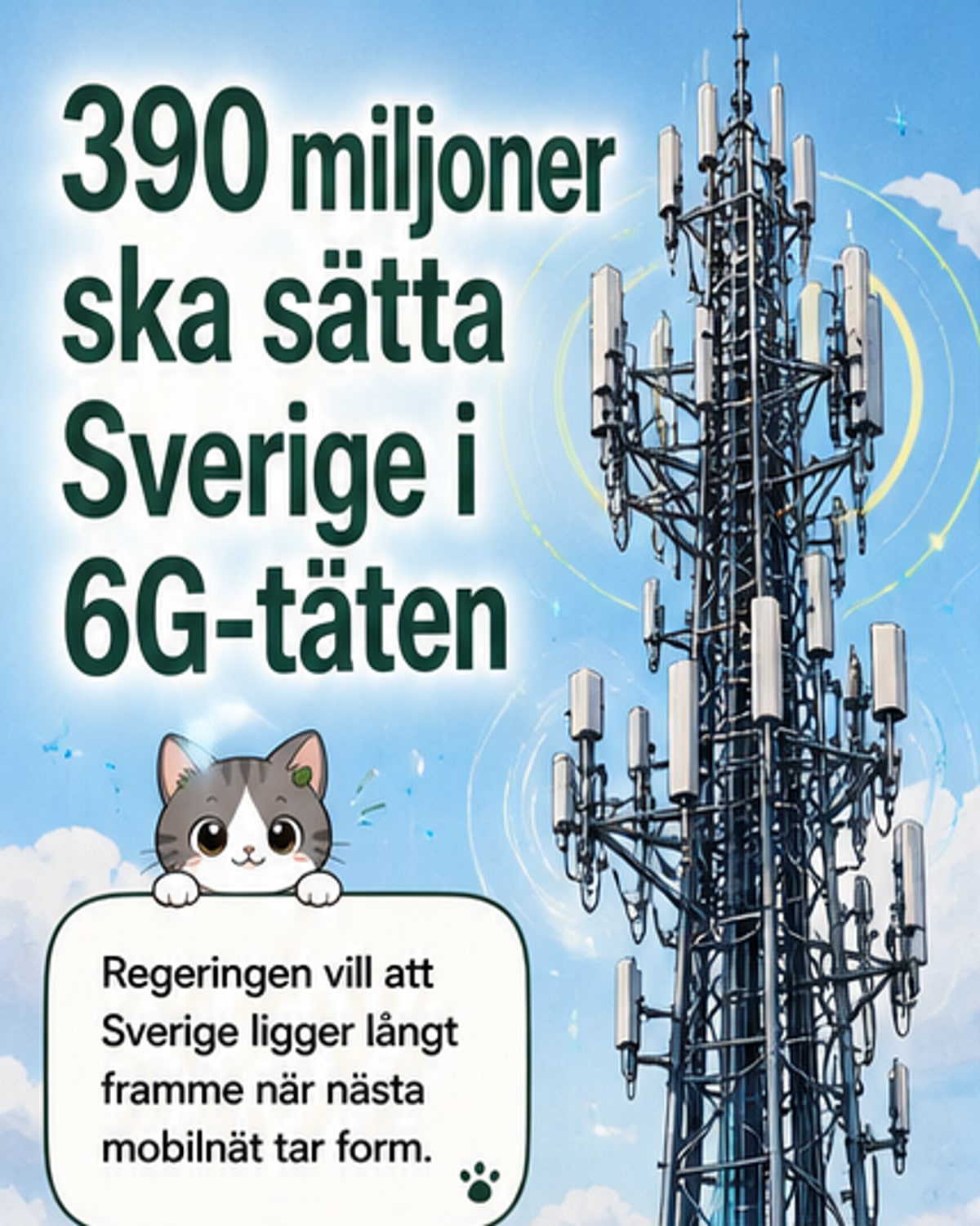 Illustration av ett framtida mobilnät med 6G-symboler, satelliter, och digitala vågor som sträcker sig över Sverige.