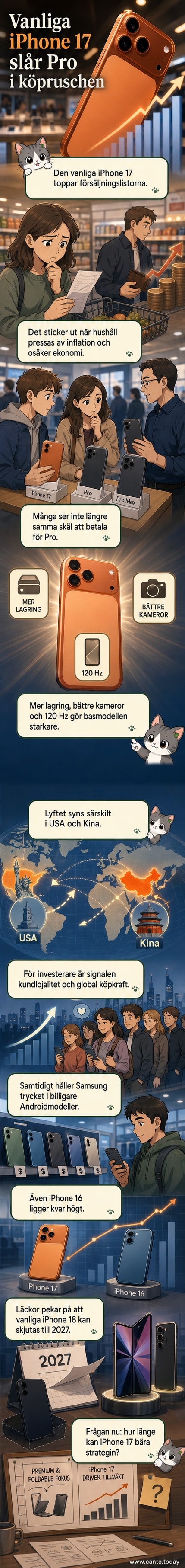 En Iphone 17 i mitten, flankerad av en Iphone 16 till vänster och en Iphone 17 Pro till höger, med försäljningstal ovanpå varje enhet som visar Iphone 17:s ledning.