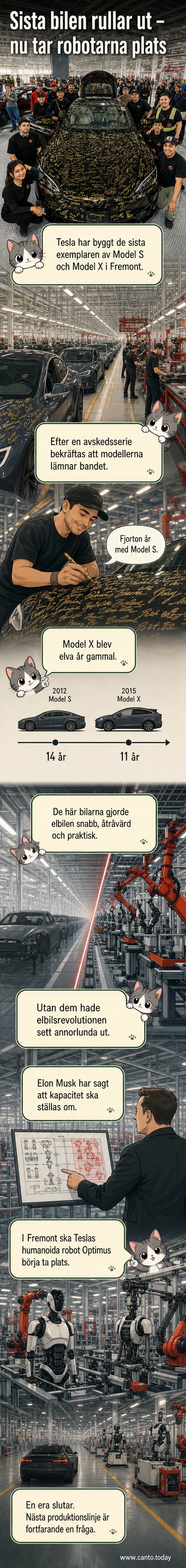 En tom monteringsbana i Teslas fabrik i Fremont med en stor skylt som visar en sista Model S och Model X, med texten 'The last Model S & the last Model X'.