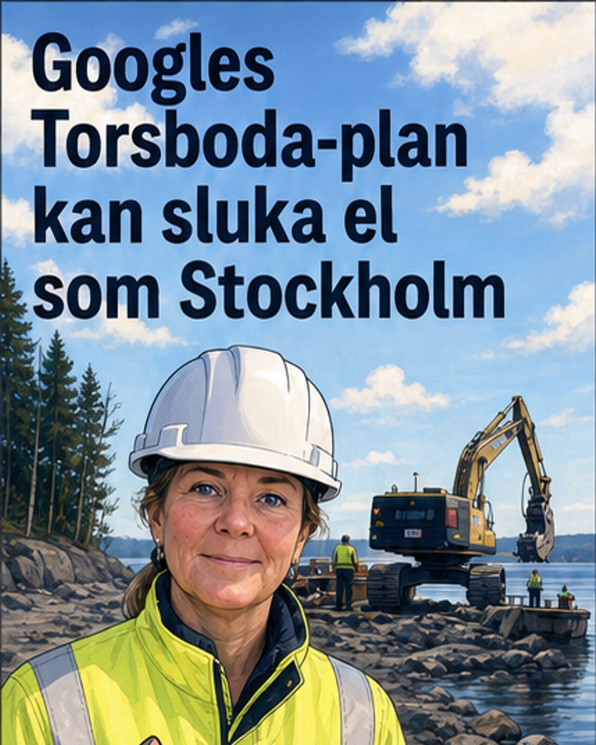 Illustration av ett stort datacenter med elsymboler och en jämförelse med Stockholms elanvändning.