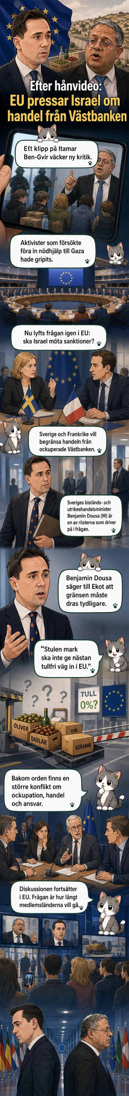 Illustration av EU-flaggan och israeliska symboler med en varubehållare mellan dem, markerad med varningstecken från Västbanken.