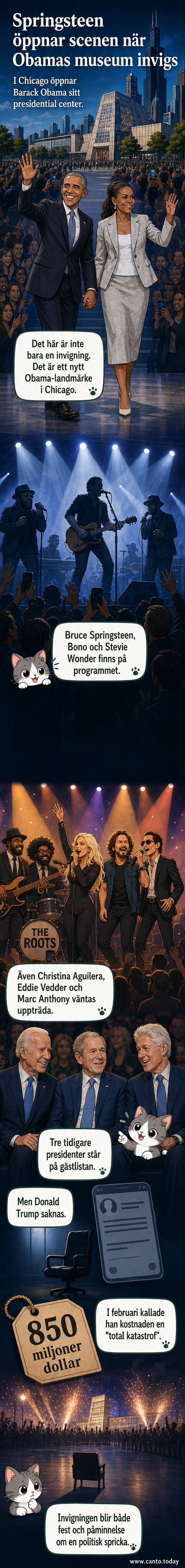 Illustration av Bruce Springsteen och andra artister på scen, med Obamas silhuet i bakgrunden och Chicago-staden i kvällsschemer.