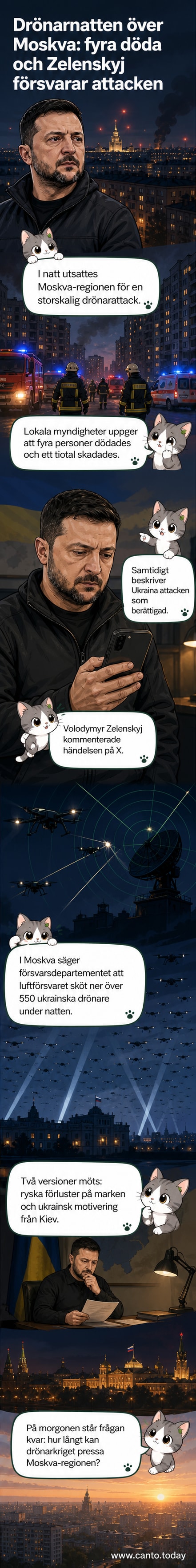 Illustration av en nattscen över Moskva med flera drönare i luften och explosioner i bakgrunden, med röda ljusfläckar över himlen.
