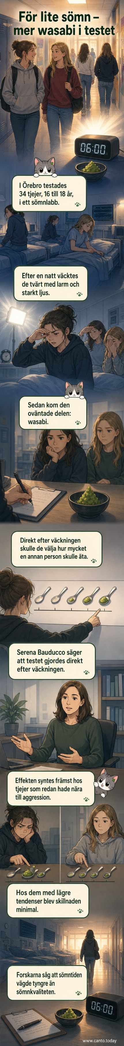 Illustration av en tonårsflicka som gäspar med en klocka som visar morgon och en wasabisasflaska bredvid.