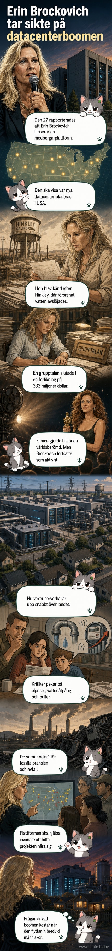Erin Brockovich står framme vid en karta över USA där datacenter är markerade, med allvar i blicken.