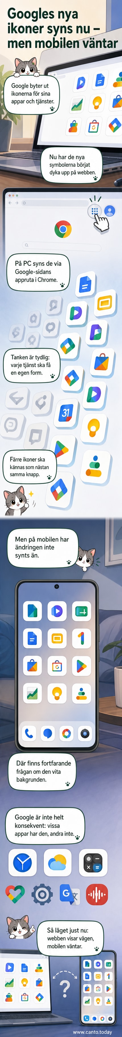 En rad nya Google-ikoner visas på en datorskärm, med skarpare konturer och unik färgsättning jämfört med de tidigare runda, enhetliga ikonerna.