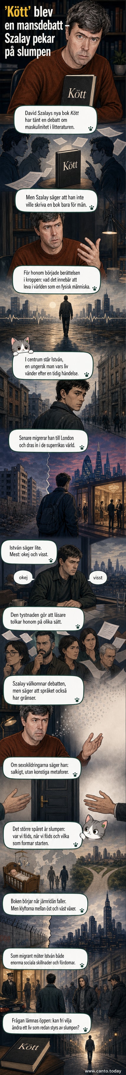 Författaren David Szalay står bredvid en öppen bok med titeln 'Kött' på svenska, i en stilren miljö med mjuk belysning.