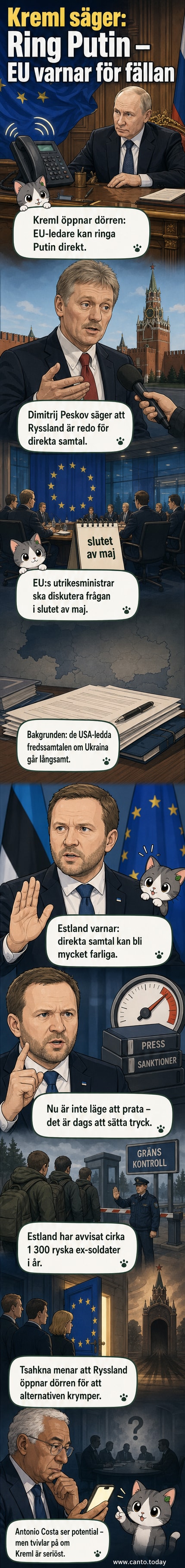 Illustration av en telefon med rysk flagga och EU-flagga på var sin sida, med en frågetecken över mitten.