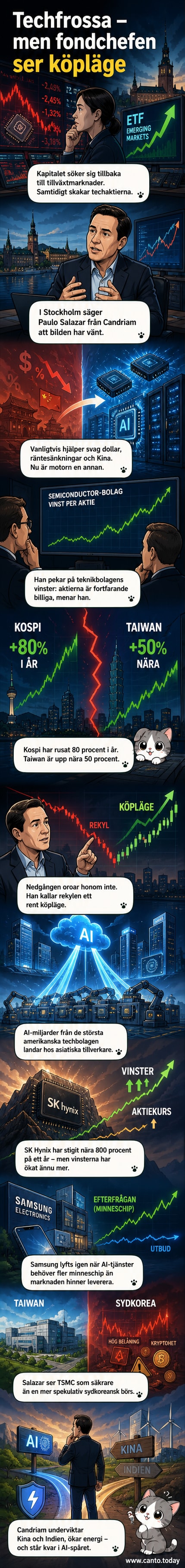 Illustration av en fondchef som visar en graf med stigande techkurser, omgiven av symboler för AI, halvledare och asiatiska börser.
