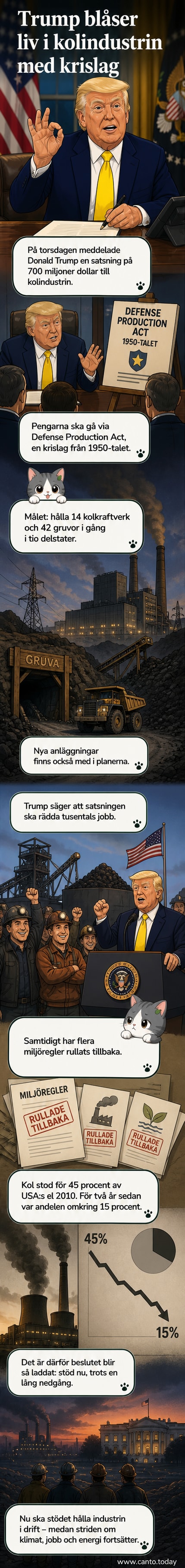 President Donald Trump signerar en officiell handling om stöd till kolindustrin, omgiven av medarbetare och representanter.