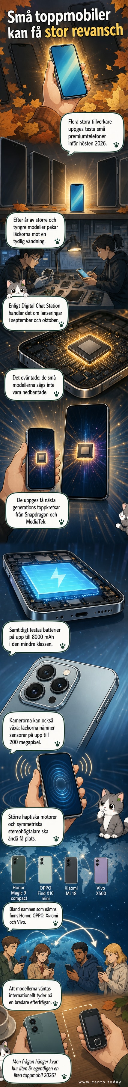 En slank, modern smartphone med stor skärm i en hand, symboliserande återkomsten av kompakta men kraftfulla mobilmodeller.