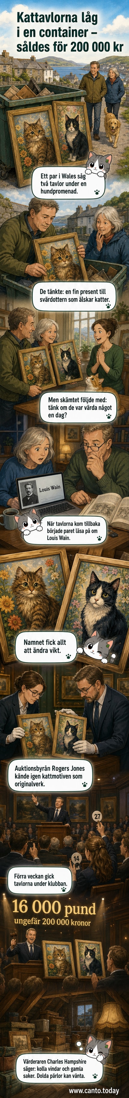 Två tavlor med kattmotiv i psychedelisk stil, upptäckta i en container och sålda på auktion.