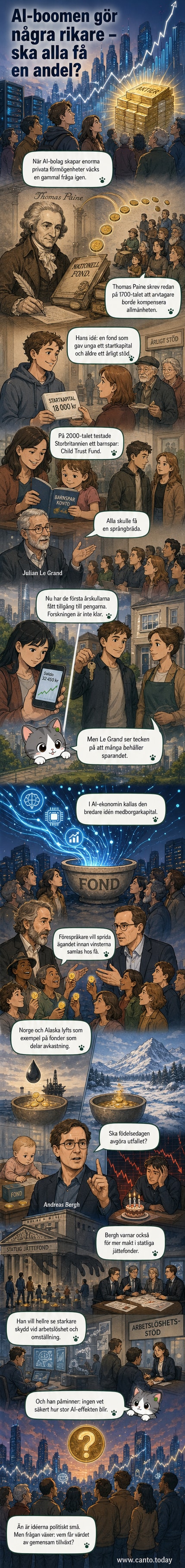 En ung person står på en gata med en väska i handen, bakom dem en stadssilhuett där AI-symboler och aktiekurvor blandas med hus och människor. En pil pekar från en molnform med texten 'AI-vinster' till en liten hand som håller en myntkopp märkt 'medborgarkapital'.