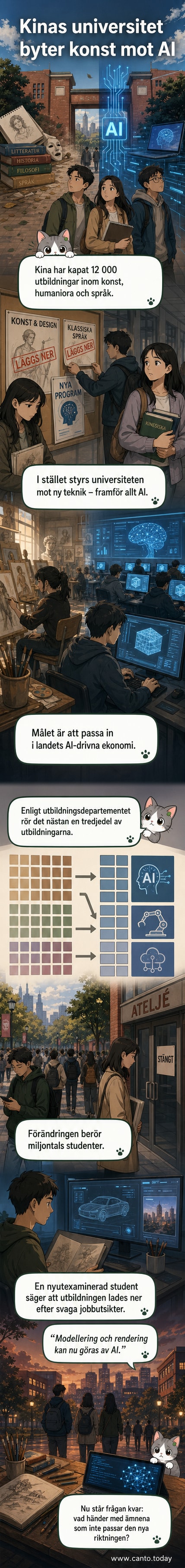 En konstnärlig skiss av en kinesisk student vid en dator skärms med AI-symboler, medan skolor med konstteman stängs ner i bakgrunden.