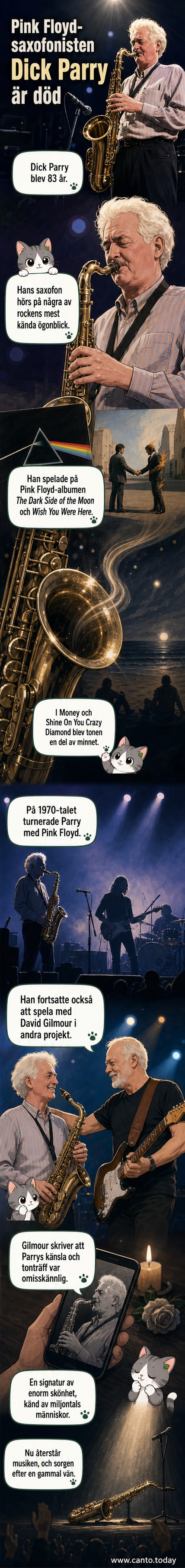 Svartvit illustration av Dick Parry med saxofon framför en scen med Pink Floyd-liknande ljusspel.