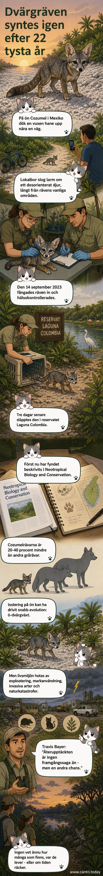 En liten, gråbrun räv med stora öron står på sand nära en skogskant på ön Cozumel i Mexiko. Bakom syns grönt lövverk och en skylt markerar ett skyddat reservat.