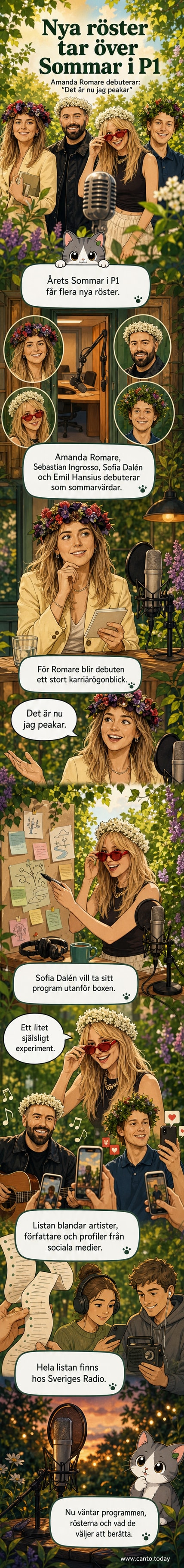 Amanda Romare står framme i en radiostudio med mikrofon framför sig, klädd i en ljus klänning, med en skylt som säger 'Sommar i P1'.